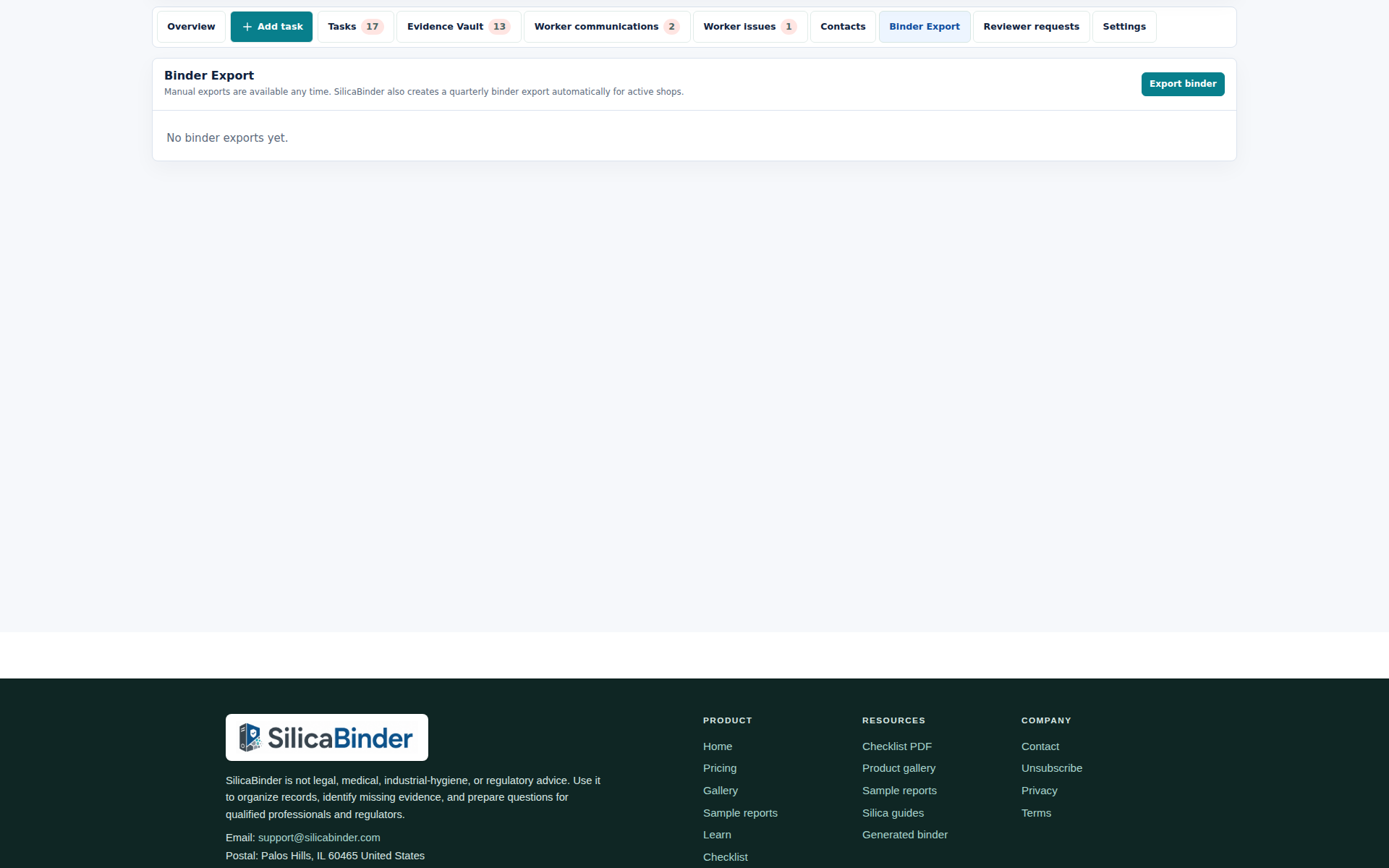 SilicaBinder binder export dashboard with readiness signal, export history, document counts, and conservative gap notes.