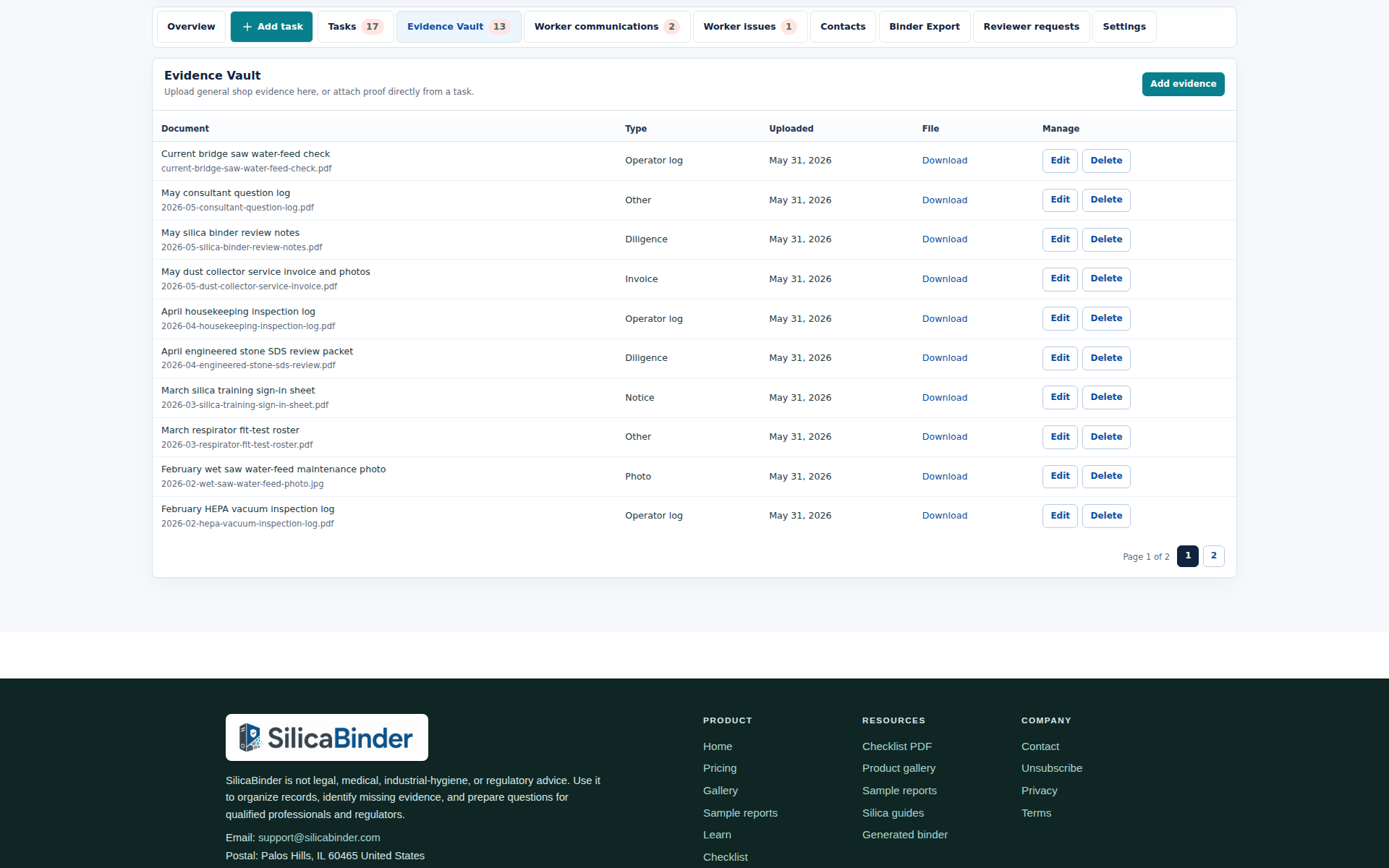 SilicaBinder evidence vault with document categories, recent uploads, dates, linked tasks, and file statuses.