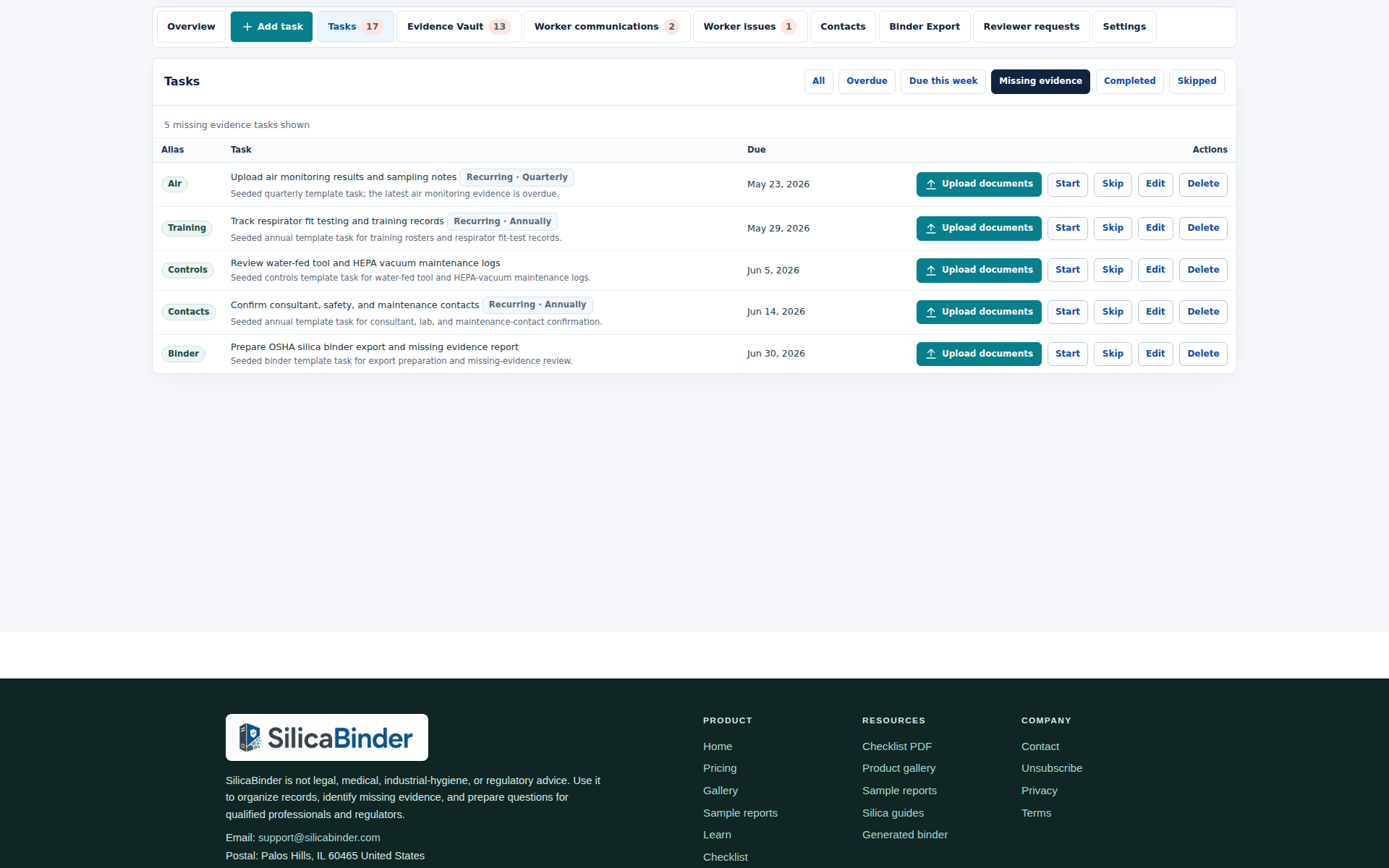 Filtered SilicaBinder task view showing open items that still need direct evidence attached.