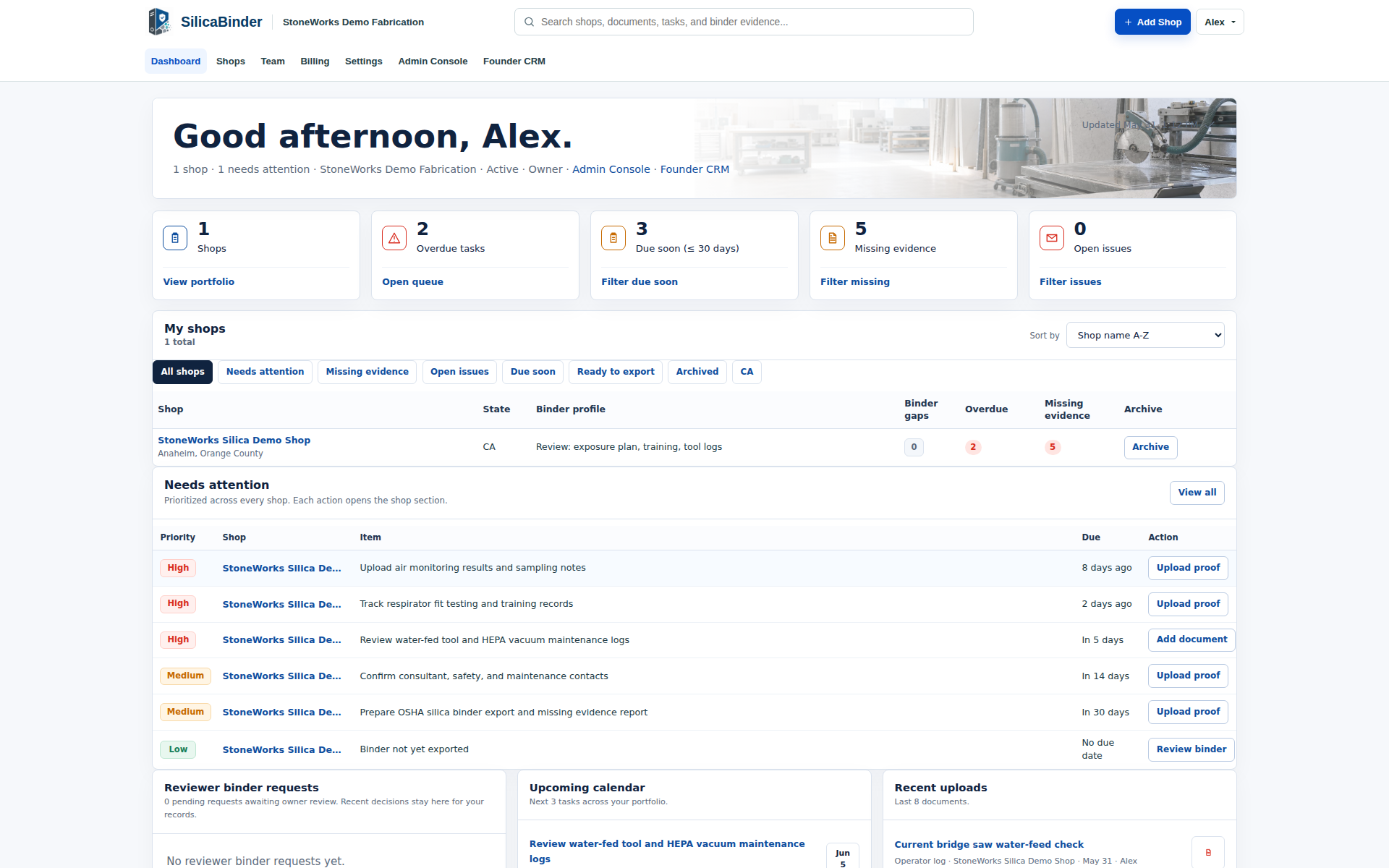 SilicaBinder workspace dashboard with shop KPIs, overdue tasks, missing evidence counts, and a prioritized needs-attention queue.