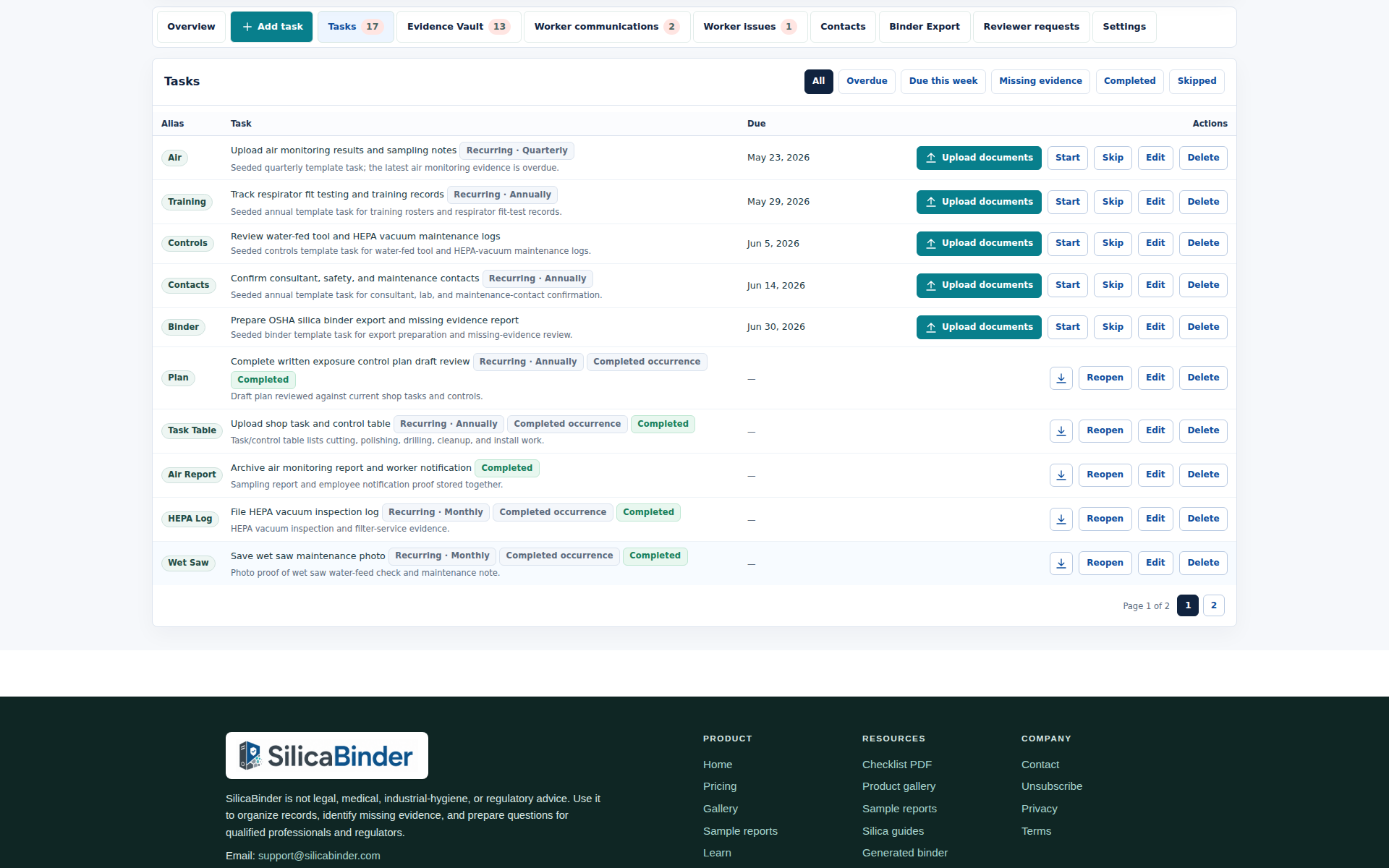 SilicaBinder task workspace with recurring task rows, due dates, evidence requirements, and upload actions.