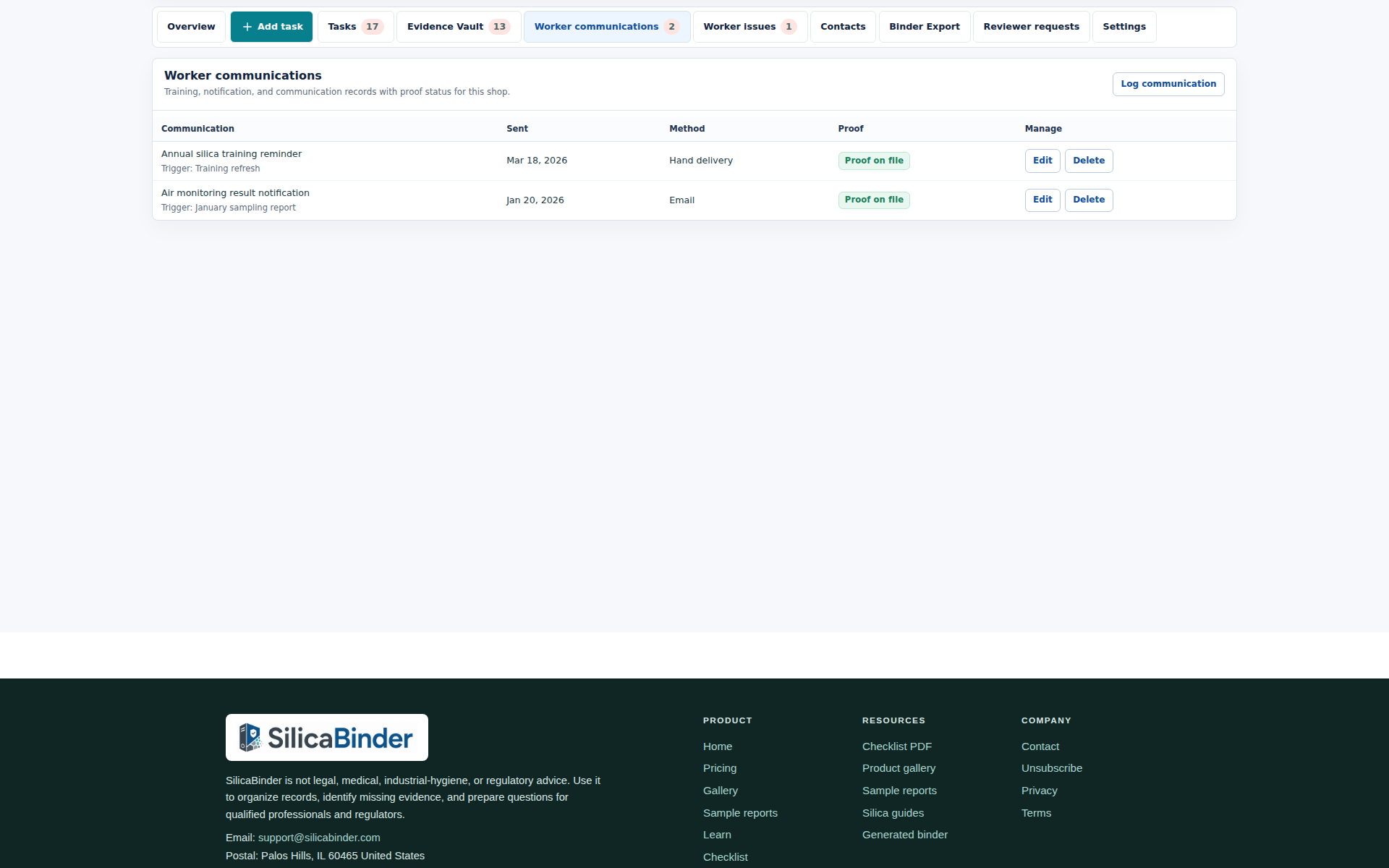 SilicaBinder worker communication table with training reminders, employee notifications, delivery methods, and proof status.