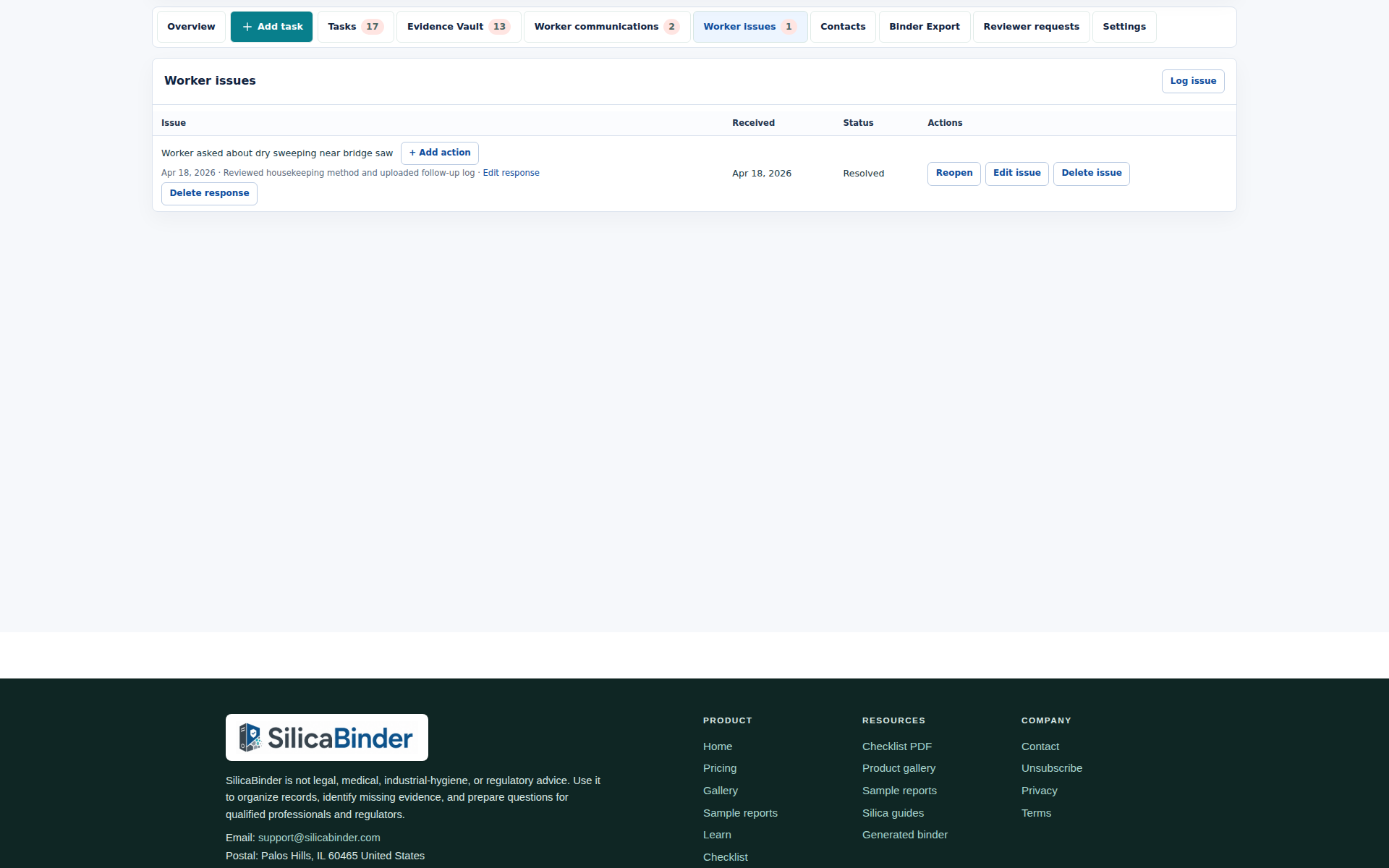 SilicaBinder worker issue tracker with status, response actions, evidence links, and resolution controls.
